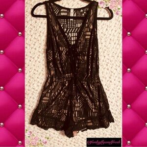 Sheer black and tan geometrical Lovely Day V neck lace up front romper in Sz S.